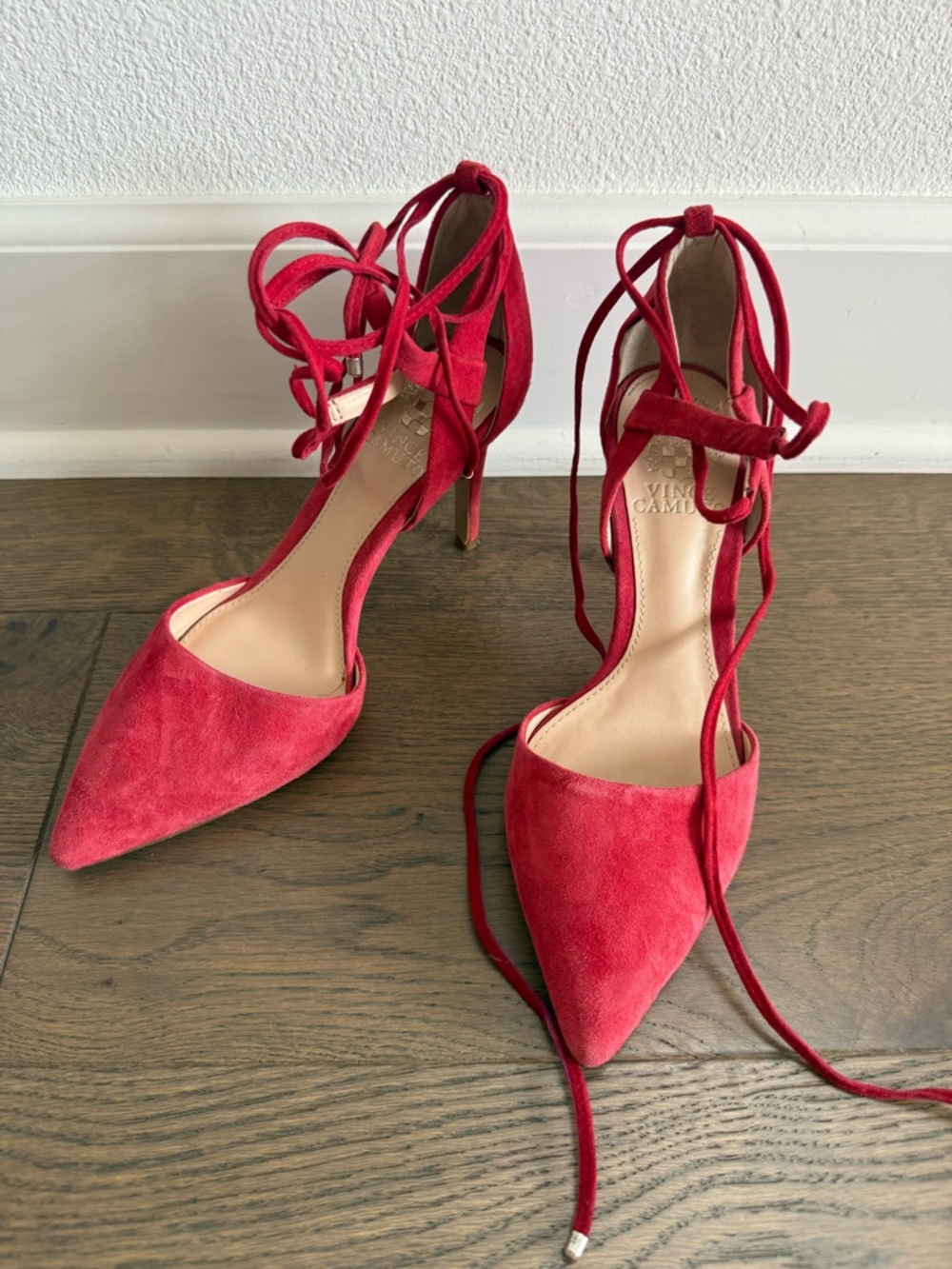 Vince Camuto Red Suede Lace-Up Pointed Toe Heels